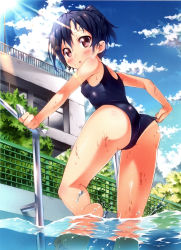 Rule 34 | 1girl, :o, absurdres, adjusting clothes, adjusting swimsuit, ass, bare legs, barefoot, black hair, blue sky, blush, brown eyes, cloud, day, feet, fence, from below, highres, kazuma (kazumav), light rays, one-piece swimsuit, open mouth, original, outdoors, parted lips, partially submerged, ponytail, pool, pool ladder, poolside, school swimsuit, sky, soaking feet, solo, sparkle, sun, sunbeam, sunlight, swim cap, swimsuit, underwater, wading, water, wet