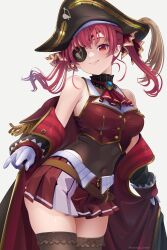 Rule 34 | 1girl, absurdres, ascot, belt, breasts, brown belt, closed mouth, coat, covered navel, cowboy shot, cropped vest, epaulettes, eyepatch, gloves, gold trim, hat, highres, hololive, houshou marine, houshou marine (1st costume), kanata cream, large breasts, leotard, leotard under clothes, miniskirt, off shoulder, pirate hat, pleated skirt, plume, red ascot, red coat, red eyes, red hair, red skirt, simple background, skirt, smile, solo, thighhighs, twintails, vest, virtual youtuber, white background, white gloves, zettai ryouiki