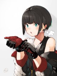 Rule 34 | 1girl, adjusting clothes, adjusting gloves, black gloves, black hair, blush, breath, gloves, green eyes, grey background, jacket, long sleeves, off shoulder, open mouth, original, red gloves, short hair, signature, solo, two-tone gloves, yunimaru