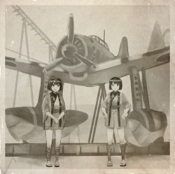 Rule 34 | 10s, 2girls, aircraft, airplane, commentary request, full body, geta, grin, hachimaki, hands on own hips, happi, headband, hyuuga (kancolle), ise (kancolle), japanese clothes, kantai collection, looking at viewer, monochrome, multiple girls, nejiri hachimaki, own hands together, parted bangs, photo (object), ponytail, propeller, sepia, short hair, smile, standing, tabi, translation request, vehicle focus, watanore, zuiun (kancolle)