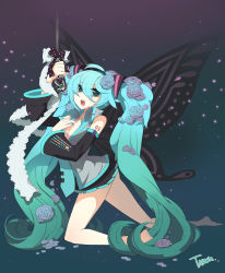 Rule 34 | 1girl, aqua eyes, aqua hair, barefoot, breasts, bug, butterfly, butterfly wings, cleavage, detached sleeves, flower, green eyes, green hair, hatsune miku, highres, insect, insect wings, large breasts, long hair, matching hair/eyes, microphone, open clothes, open shirt, ribbon, shirt, skirt, solo, taruk, twintails, very long hair, vintage microphone, vocaloid, wings