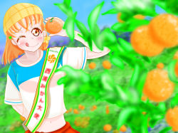 Rule 34 | 1girl, :p, arm behind back, artist name, artist request, beanie, blue sky, blush, cloud, clover hair ornament, day, female focus, food, fruit, hair ornament, hat, highres, holding orange, inasaku75, looking at viewer, love live!, love live! sunshine!!, one eye closed, orange (fruit), orange hair, outdoors, parted lips, red eyes, red skirt, shirt, short hair, skirt, sky, smile, solo, takami chika, tongue, tongue out, white shirt, yellow hat