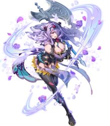 Rule 34 | 1girl, attack, axe, battle axe, black panties, black thighhighs, breasts, camilla (fire emblem), camilla (resplendent) (fire emblem), cleavage, fake horns, fire emblem, fire emblem fates, fire emblem heroes, flower, full body, gloves, gomashio ponz, hair over one eye, highres, holding, holding axe, horns, large breasts, long hair, nintendo, non-web source, official alternate costume, official art, panties, parted lips, petals, purple eyes, purple gloves, purple hair, rose, smile, solo, thighhighs, thighs, underwear, wavy hair, weapon, white background