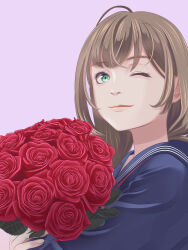 Rule 34 | 1girl, blue sailor collar, blue shirt, bouquet, brown hair, closed mouth, commentary request, flower, green eyes, highres, holding, holding bouquet, long hair, one eye closed, original, purple background, red flower, red rose, rose, sailor collar, school uniform, serafuku, shirt, simple background, solo, toyoki