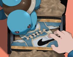 Rule 34 | 1other, aqua sweater, box, bright pupils, brown eyes, commentary request, creatures (company), game freak, gen 1 pokemon, gogot, highres, holding shoe, long sleeves, nintendo, paper, pokemon, pokemon (creature), shoes, squirtle, stitches, sweater, white pupils