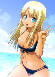 Rule 34 | 1girl, alessandra susu, bikini, blonde hair, blue bikini, blue eyes, blush, breasts, cleavage, cloud, day, front-tie top, hitsukirai, large breasts, long hair, looking at viewer, navel, open mouth, shiny skin, skindentation, sky, smile, solo, swimsuit, tokyo 7th sisters, v