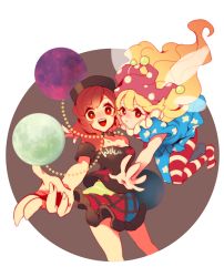 Rule 34 | 2girls, american flag dress, american flag legwear, american flag shirt, bad id, bad pixiv id, black shirt, blonde hair, breasts, brown background, cheong ha, clothes writing, clownpiece, collar, collarbone, earth (ornament), expressionless, fairy wings, foreshortening, frilled skirt, frills, hair over shoulder, hat, hecatia lapislazuli, jester cap, legs, long hair, looking at viewer, miniskirt, moon (ornament), multicolored clothes, multicolored skirt, multiple girls, off-shoulder shirt, off shoulder, open mouth, pantyhose, red eyes, red hair, shirt, short sleeves, skirt, smile, teeth, thighs, tongue, touhou, two-tone background, very long hair, white background, wings