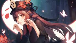 Rule 34 | 1girl, absurdres, alaskastomatoez, black nails, boo tao (genshin impact), brown coat, brown hair, bug, butterfly, coat, commentary, floating hair, flower, flower-shaped pupils, genshin impact, grin, hair flaps, hands up, hat, hat branch, hat flower, highres, hu tao (genshin impact), insect, jewelry, long hair, long sleeves, looking at viewer, multiple rings, nail polish, night, outdoors, porkpie hat, red eyes, red flower, red shirt, ring, shirt, sidelocks, smile, solo, symbol-shaped pupils, tassel, teeth, tree, twintails, upper body, very long hair, wide sleeves