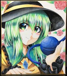 Rule 34 | 1girl, 283win, absurdres, acrylic paint (medium), black hat, closed mouth, colored pencil (medium), commentary request, flower, green eyes, green hair, hat, hat ribbon, highres, komeiji koishi, long sleeves, medium hair, painting (medium), photo (medium), pink flower, pink rose, ribbon, rose, shikishi, smile, solo, third eye, touhou, traditional media, upper body, yellow ribbon