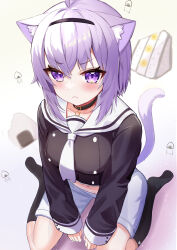 Rule 34 | 1girl, :t, absurdres, ahoge, animal collar, animal ear fluff, animal ears, black collar, black hairband, black shirt, black socks, blush, breasts, buttons, cat ears, cat girl, cat tail, collar, cropped shirt, crossed bangs, double-breasted, from above, hair between eyes, hairband, highres, hololive, kneehighs, large breasts, looking at viewer, neckerchief, nekomata okayu, nekomata okayu (casual), no shoes, official alternate costume, parijennu222, pout, purple eyes, purple hair, sailor collar, sailor shirt, shirt, short hair, shorts, sitting, socks, solo, tail, v arms, virtual youtuber, wariza, white neckerchief, white sailor collar, white shorts