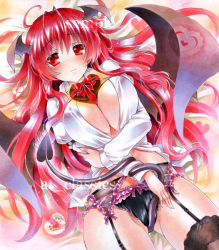 Rule 34 | 1girl, at classics, black panties, black thighhighs, blush, breast hold, breasts, breasts squeezed together, demon tail, dress shirt, female focus, garter belt, garter straps, gift, heart, koakuma, large breasts, looking at viewer, marker (medium), no bats, no bra, panties, red eyes, sample watermark, shirt, solo, tail, tail wrap, thighhighs, touhou, traditional media, underwear, valentine, watermark, white shirt, wings