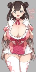 Rule 34 | 1girl, 2021, agawa ryou, black hair, breasts, brown eyes, brown hair, cleavage, curvy, dated, double bun, gloves, gradient hair, grey background, hair bun, huge breasts, long hair, looking at viewer, multicolored hair, open mouth, original, simple background, smile, solo, thick thighs, thighs, very long hair, white gloves, wide hips