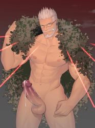 Rule 34 | 1boy, abs, bara, beard, cigarette, closed mouth, coat, earrings, erection, facial hair, fate/grand order, fate (series), glasses, highres, hunterkay, jewelry, large pectorals, laser, looking at viewer, male focus, male underwear, manly, muscular, navel, nipples, pectorals, penis, penis peek, precum, topless male, silver hair, smoking, solo, uncensored, underwear, william tell (fate)