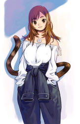 Rule 34 | 1girl, bare shoulders, breasts, brown eyes, brown hair, covered erect nipples, hands in pockets, highres, jewelry, large breasts, long hair, long sleeves, looking at viewer, necklace, original, pocket, ryoji (nomura ryouji), solo, tail