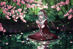 Rule 34 | 1girl, arm ribbon, brown dress, brown ribbon, cherry blossoms, closed mouth, cross-laced clothes, dress, eyebrows hidden by hair, flower, front ponytail, green eyes, green hair, hair between eyes, hair ribbon, hands up, highres, holding, kagiyama hina, long hair, looking at hands, nature, oito (bowstringsmall), outdoors, pink flower, puffy short sleeves, puffy sleeves, ribbon, ripples, seiza, short sleeves, sitting, smile, solo, tagme, touhou, tree, water