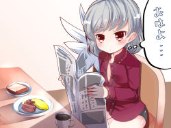 Rule 34 | 1girl, backlighting, bacon, bags under eyes, black panties, blush, bread slice, breakfast, chair, coffee, doku corne, egg, flat chest, food, highres, indoors, kishin sagume, long sleeves, newspaper, open clothes, open shirt, panties, reading, red eyes, room, sausage, shirt, silver hair, single wing, sitting, solo, thighs, thinking, toast, touhou, translated, unbuttoned, underwear, white wings, wings