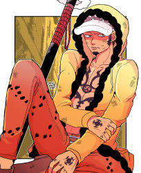 Rule 34 | 1boy, artist name, bad id, bad pixiv id, chest tattoo, earrings, facial hair, fur-trimmed jacket, fur trim, hand tattoo, hat, highres, holding own arm, hood, hood up, injury, jacket, jewelry, male focus, no shirt, one piece, one piece: stampede, orange pants, pants, sheath, sheathed, sitting, solo, sword, tattoo, tbt, trafalgar law, weapon, yellow jacket