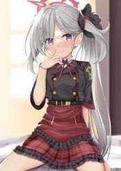 Rule 34 | 1girl, black flower, black jacket, blue archive, blush, closed mouth, commentary request, eyes visible through hair, flower, frilled skirt, frills, grey hair, hair flower, hair ornament, halo, hand up, highres, jacket, long hair, looking at viewer, mutsuki (blue archive), niiya, parted bangs, pointy ears, purple eyes, red skirt, shirt, short sleeves, side ponytail, skirt, smile, solo, very long hair, white shirt, window