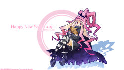 Rule 34 | 1girl, boar, dragon: marked for death, gradient hair, hat, highres, inti creates, long hair, looking at viewer, multicolored hair, new year, official art, official wallpaper, open mouth, pink eyes, simple background, smile, solo, striped clothes, striped thighhighs, thighhighs, very long hair, wallpaper, watermark, white background, witch (dmfd), witch hat