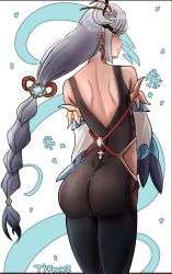 Rule 34 | 1girl, absurdres, ass, bare shoulders, blush, bodysuit, braid, brown eyes, cameltoe, detached sleeves, from behind, genshin impact, hair ornament, highres, long hair, looking at viewer, looking back, parted lips, shenhe (genshin impact), silver hair, skin tight, solo, tyfoonz, very long hair