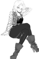 Rule 34 | 1girl, absurdres, android 18, ankle boots, belt, boots, breasts, cleavage, dragon ball, dragonball z, earrings, eyes visible through hair, greyscale, hand up, high heel boots, high heels, highres, invisible chair, jacket, jewelry, crossed legs, long sleeves, looking at viewer, medium breasts, medium hair, miniskirt, monochrome, pantyhose, parted lips, rye (hyn uka), shirt, simple background, sitting, skirt, sleeveless, sleeveless jacket, solo, striped sleeves, white background