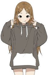 Rule 34 | 1girl, :q, absurdres, black hoodie, brown eyes, brown hair, closed mouth, copyright request, drawstring, forehead, hair ornament, hairclip, hands up, highres, hood, hood down, hoodie, long hair, long sleeves, looking at viewer, parted bangs, puffy long sleeves, puffy sleeves, simple background, sleeves past wrists, smile, solo, standing, thick eyebrows, tongue, tongue out, very long hair, white background, yamamoto souichirou