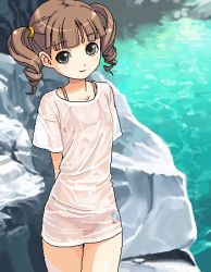 Rule 34 | 00s, 1girl, arms behind back, bikini, bikini under clothes, brown hair, drill hair, grey eyes, kishida mel, looking at viewer, lowres, oekaki, onegai my melody, outdoors, sanrio, see-through, shirt, short hair, smile, solo, standing, swimsuit, swimsuit under clothes, t-shirt, twin drills, twintails, wet, wet clothes, wet shirt, yumeno uta