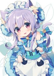 Rule 34 | 1girl, :d, animal ears, apron, bell, blue bow, blush, bow, cat ears, cat tail, commentary request, detached sleeves, dress, frills, hair between eyes, hair bow, hair ornament, highres, jingle bell, looking at viewer, maid headdress, maimai (game), open mouth, purple hair, red eyes, salt (maimai), smile, solo, standing, tail, wagashi928, waist apron