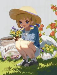 Rule 34 | 1girl, angel, angel wings, blonde hair, blue eyes, blush, dirty, dirty clothes, flower, full body, garden, great kichi, halo, hat, low wings, misty sheikh, open mouth, pointy ears, pop-up story, shoes, short hair, smile, sneakers, solo, sun hat, wings