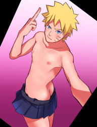 Rule 34 | 1boy, ass, blonde hair, blue eyes, blush, highres, male focus, middle finger, naruto, naruto (series), nipples, presenting, selfie, topless male, skirt, smile, solo, uzumaki naruto