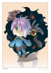 Rule 34 | 1boy, beige background, black eyes, blue eyes, blue jacket, blue pants, border, buttons, character name, chibi, colored sclera, commentary request, darkness, demon, double-breasted, english text, extra eyes, full body, glasses, grin, hair over one eye, jacket, kiel-d-01, long sleeves, looking at viewer, male focus, mask, pants, ragnarok online, rectangular eyewear, red sclera, short hair, simple background, smile, solo, standing, stats, tennohi, typo, white border, white hair