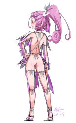 Rule 34 | 1girl, ass, backless outfit, blush, boots, clenched teeth, cure sword, dated, dokidoki! precure, embarrassed, from behind, full body, hair ornament, hand on own hip, highres, isedaichi ken, kenzaki makoto, looking back, magical girl, no panties, ponytail, precure, purple eyes, purple hair, simple background, solo, spade hair ornament, teeth, thigh boots, thighhighs, twitter username, white background