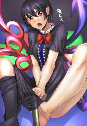 Rule 34 | 1girl, asymmetrical wings, ayakumo, barefoot, black dress, black hair, blush, bow, bowtie, convenient censoring, convenient leg, dress, fang, feet, frills, highres, houjuu nue, looking at viewer, looking down, no shoes, open mouth, pointy ears, red eyes, short hair, short sleeves, single thighhigh, sitting, solo, text focus, thighhighs, thighhighs pull, toes, touhou, wings