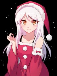 Rule 34 | 1girl, bad id, bad twitter id, bare shoulders, bow, breasts, christmas, closed mouth, collarbone, detached sleeves, dress, eve santaclaus, eyebrows, eyelashes, fur trim, hat, idolmaster, idolmaster cinderella girls, kuromiya yurin, long hair, long sleeves, medium breasts, orange eyes, parted bangs, pom pom (clothes), red bow, red dress, red hat, santa costume, santa hat, smile, snow, snowing, solo, straight hair, tsurime, upper body, white hair, wide sleeves