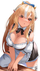 Rule 34 | 1girl, :o, alternate costume, apron, bare shoulders, blonde hair, bow, bowtie, breasts, center frills, cleavage, dark-skinned female, dark skin, detached collar, dress, enatsu, frills, hair between eyes, highres, hololive, knee up, large breasts, leaning on table, long hair, looking at viewer, maid, multicolored hair, off shoulder, orange eyes, panty straps, pointy ears, ponytail, shiranui flare, short dress, sidelocks, simple background, skirt, solo, streaked hair, suspender skirt, suspenders, thighhighs, v arms, very long hair, virtual youtuber, white background, white hair, white thighhighs, zettai ryouiki