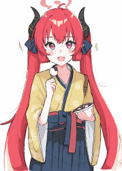 Rule 34 | 1girl, blue archive, blush stickers, food, hakama, hakama skirt, halo, haruharu sensei, highres, holding, holding food, horns, japanese clothes, junko (blue archive), junko (new year) (blue archive), kimono, long hair, long sleeves, looking at viewer, official alternate costume, open mouth, purple eyes, red hair, simple background, skirt, smile, solo, twintails, very long hair, white background, wide sleeves, yellow kimono