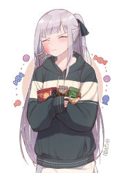 Rule 34 | 1girl, absurdres, ak-12 (girls&#039; frontline), black ribbon, braid, candy, closed eyes, closed mouth, food, french braid, garin, girls&#039; frontline, highres, long hair, long sleeves, ribbon, shirt, sidelocks, silver hair, simple background, sleeves past wrists, smile, solo, twitter username
