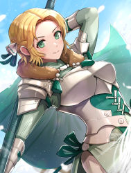 Rule 34 | 1girl, armor, blonde hair, boobplate, breastplate, breasts, closed mouth, day, fire emblem, fire emblem: three houses, fur collar, gonzarez, green eyes, highres, holding, holding weapon, ingrid brandl galatea, long sleeves, looking at viewer, nintendo, outdoors, polearm, short hair, sky, smile, solo, weapon