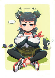 Rule 34 | ..., 2boys, black cat, black hair, black legwear, blunt bangs, camouflage, camouflage shorts, cat, crossed arms, full body, highres, jacket, looking at viewer, luo xiaohei, luo xiaohei (cat), luo xiaohei zhanji, multiple boys, nezha (the legend of luoxiaohei), pantyhose, pantyhose under shorts, shadow, shirt tucked in, shoes, shorts, simple background, sitting, speech bubble, spoken ellipsis, suncle, twitter username, yellow background
