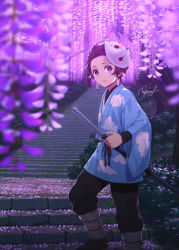Rule 34 | 1boy, bad id, bad pixiv id, brown hair, cloud print, commentary request, earrings, feet out of frame, flower, fox mask, haori, japanese clothes, jewelry, kamado tanjirou, katana, kimetsu no yaiba, looking at viewer, male focus, mask, mask on head, outdoors, parted lips, petals, pink eyes, purple flower, rupinesu, sheath, sheathed, signature, solo, stairs, standing, sword, tree, weapon, wisteria
