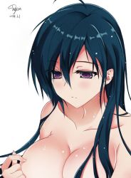 Rule 34 | 10s, 1girl, 2014, blue hair, blush, breast poke, breasts, cleavage, dyxm, large breasts, long hair, nude, poking, purple eyes, signature, solo, sweat, white background