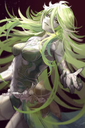 Rule 34 | 1girl, barbariccia, bodice, clothing cutout, colored skin, cowboy shot, final fantasy, final fantasy xiv, fingernails, from side, green eyes, green hair, green lips, green nails, hair between eyes, highres, long bangs, long fingernails, long hair, looking at viewer, midriff, nail polish, navel, outstretched arm, parted lips, reaching, reaching towards viewer, red background, sharp fingernails, signature, smile, solo, stomach cutout, suyamii, very long hair, white skin