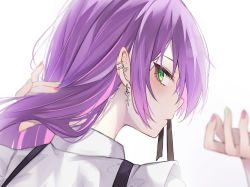 Rule 34 | 1girl, absurdres, adjusting hair, blush, cross, cross earrings, ear piercing, earrings, from behind, green eyes, green nails, hair between eyes, hair ribbon, hangetsu15, heart, heart earrings, highres, hololive, jewelry, long hair, looking at viewer, looking back, mouth hold, multicolored hair, multicolored nails, nail polish, nape, piercing, pink hair, pink nails, pointy ears, portrait, purple hair, ribbon, shirt, simple background, solo, streaked hair, suspenders, tokoyami towa, virtual youtuber, white background, white shirt