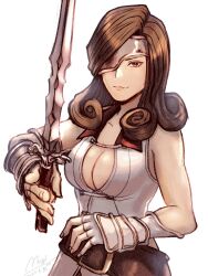 Rule 34 | 1girl, asymmetrical hair, bare shoulders, beatrix (ff9), belt, breasts, brown eyes, brown hair, dress, eyepatch, final fantasy, final fantasy ix, fingerless gloves, gauntlets, gloves, highres, holding, holding weapon, komugiko no mori, looking at viewer, loose belt, medium breasts, signature, sleeveless, smile, solo, upper body, weapon, white background