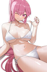 1girl bikini blush breasts breasts_apart closed_mouth collarbone commentary commission heart heart-shaped_pupils highres long_hair looking_at_viewer navel one_eye_closed original pink_eyes pink_hair pink_nails ponytail side-tie_bikini_bottom simple_background smile solo stomach swimsuit symbol-shaped_pupils white_background white_bikini zaq_(zaqsta)