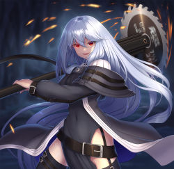 Rule 34 | 1girl, arknights, belt, black belt, black cape, black dress, black thighhighs, cape, chagara, circular saw, commentary request, commission, dress, grey hair, hair between eyes, highres, holding, holding weapon, long hair, long sleeves, looking at viewer, no headwear, open mouth, partial commentary, red eyes, saw, skeb commission, smile, solo, specter (arknights), thighhighs, thighs, upper body, weapon