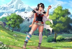 Rule 34 | 1girl, anklet, artist name, belt, black hair, black shirt, boots, breasts, clenched hand, cloak, closed mouth, cloud, commentary, creatures (company), day, dr altruist, eyelashes, flower, game freak, grass, grey footwear, grey shorts, grey thighhighs, holding, holding poke ball, jewelry, legs apart, looking at viewer, mountain, nintendo, orange eyes, outdoors, over-kneehighs, poke ball, poke ball (basic), pokemon, pokemon oras, red belt, rock, rope belt, shirt, short shorts, shorts, sky, smile, solo, standing, thighhighs, toeless footwear, tree, white flower, zinnia (pokemon)
