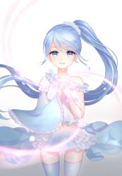 Rule 34 | 1girl, bad id, bad pixiv id, bare shoulders, blue eyes, blue hair, cowboy shot, earrings, frills, jewelry, light particles, long hair, looking at viewer, matching hair/eyes, navel, open mouth, original, ponytail, scrunchie, single earring, skirt, smile, solo, sugarv, swept bangs, teardrop, tears, thighhighs, very long hair