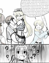 Rule 34 | &gt;:d, 10s, 3girls, :d, ?, ??, ^ ^, baker at bat, baseball, baseball bat, baseball glove, closed eyes, comic, confused, crossover, detached sleeves, double bun, ellen baker, empty eyes, english text, closed eyes, gloom (expression), greyscale, hairband, headgear, holding, iowa (kancolle), kantai collection, kongou (kancolle), monochrome, multiple girls, new horizon, nontraditional miko, open mouth, side ponytail, simple background, smile, sparkle, standing, standing on one leg, sweat, thighhighs, v-shaped eyebrows, wall of text, white background, y.ssanoha