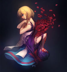 Rule 34 | 2girls, apron, blood, blue eyes, bow, braid, character request, covering face, crying, dissolving, dress, ellen (majo no ie), evil, flower, hair bow, long hair, majo no ie, matsuki ringo, multiple girls, open mouth, petals, purple hair, red dress, rose, rotational symmetry, short hair, simple background, smile, viola (majo no ie)